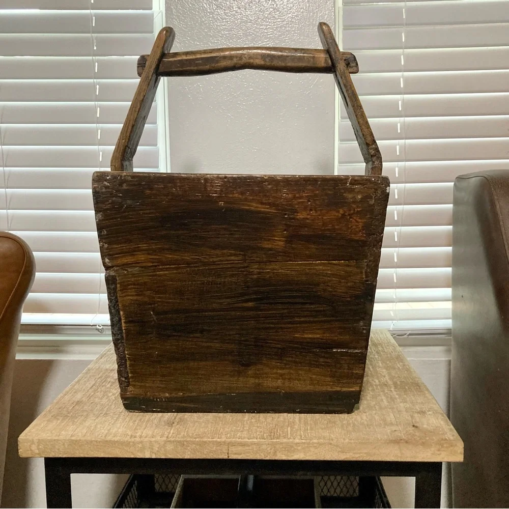 Big Wooden Rice Basket Bucket Rustic Distressed Farmhouse Decor